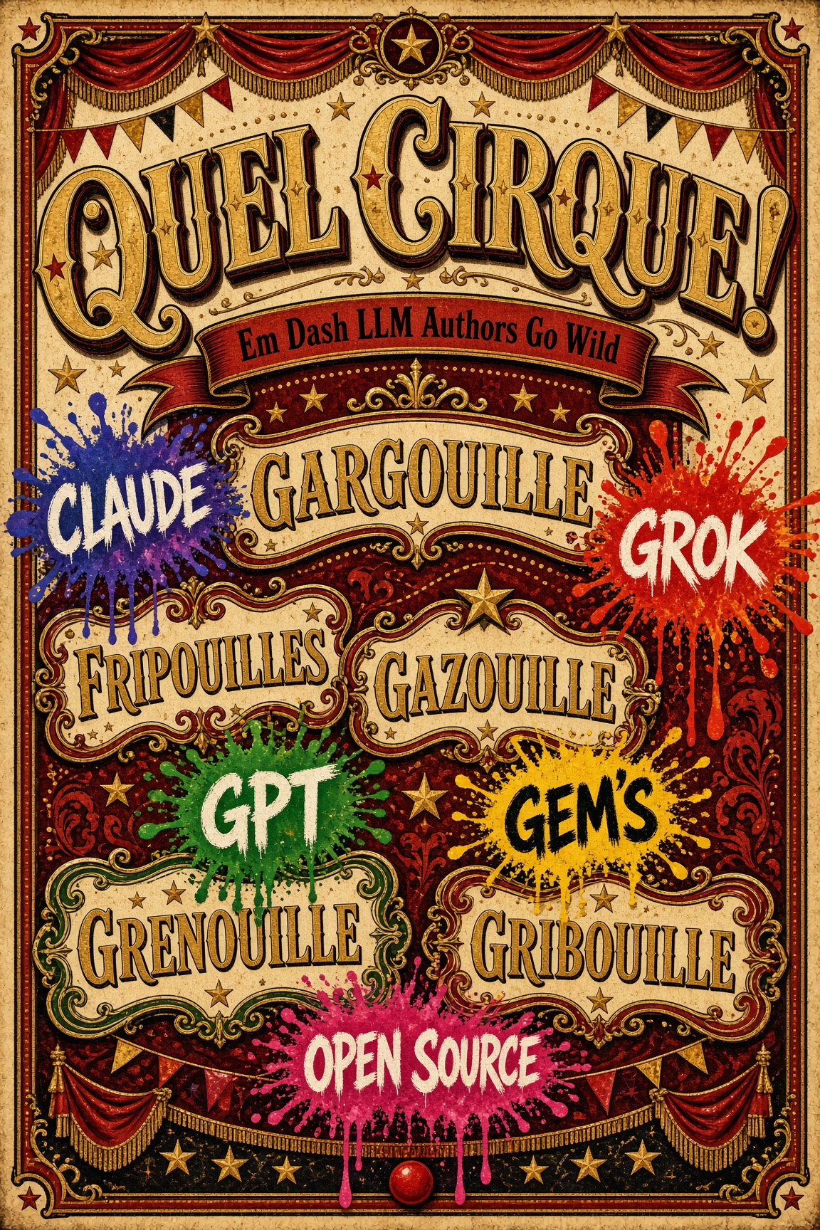 Quel Cirque ! Em Dash LLM Authors Go Wild. Circus poster with family names painted on.