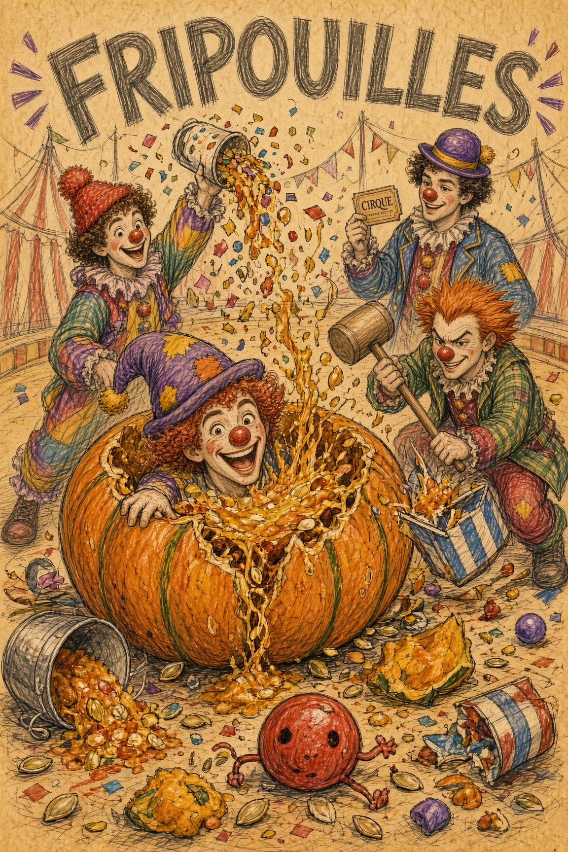 Fripouilles. Clowns emptying a pumpkin, one of them inside it.