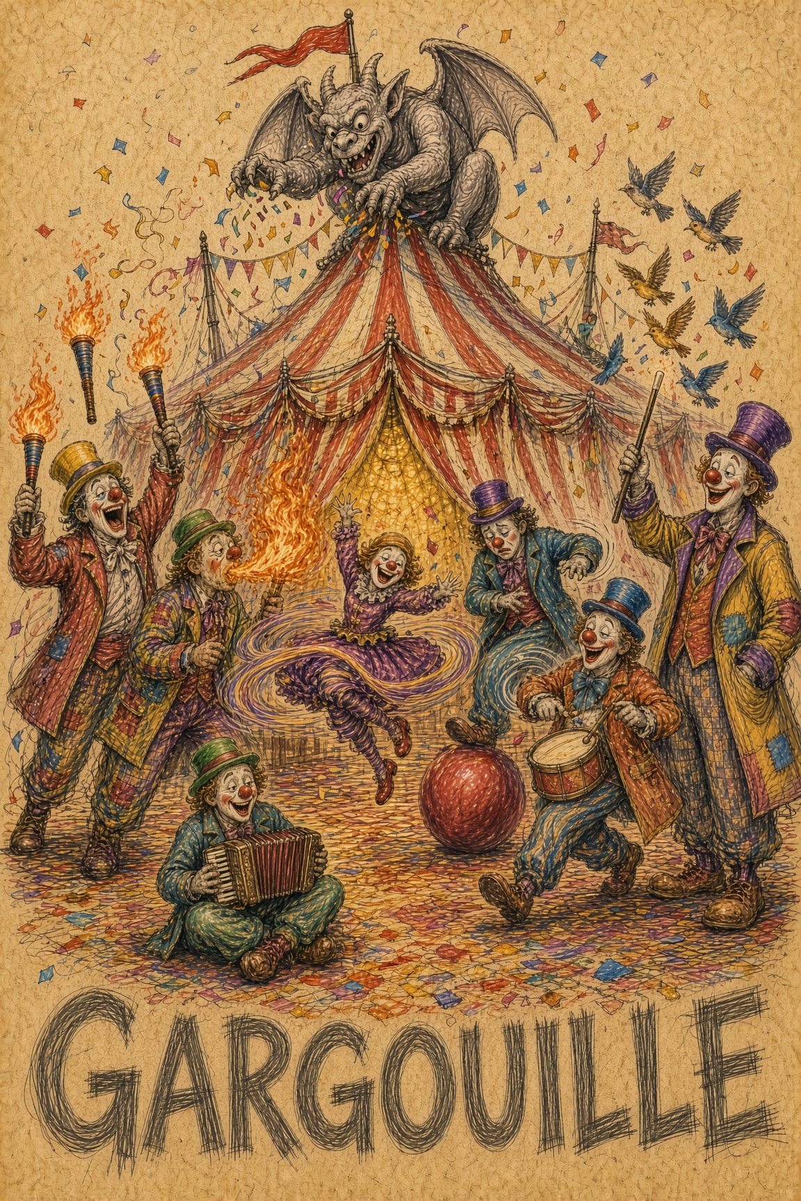 Gargouille. A gargoyle perched on the circus tent, clowns below.