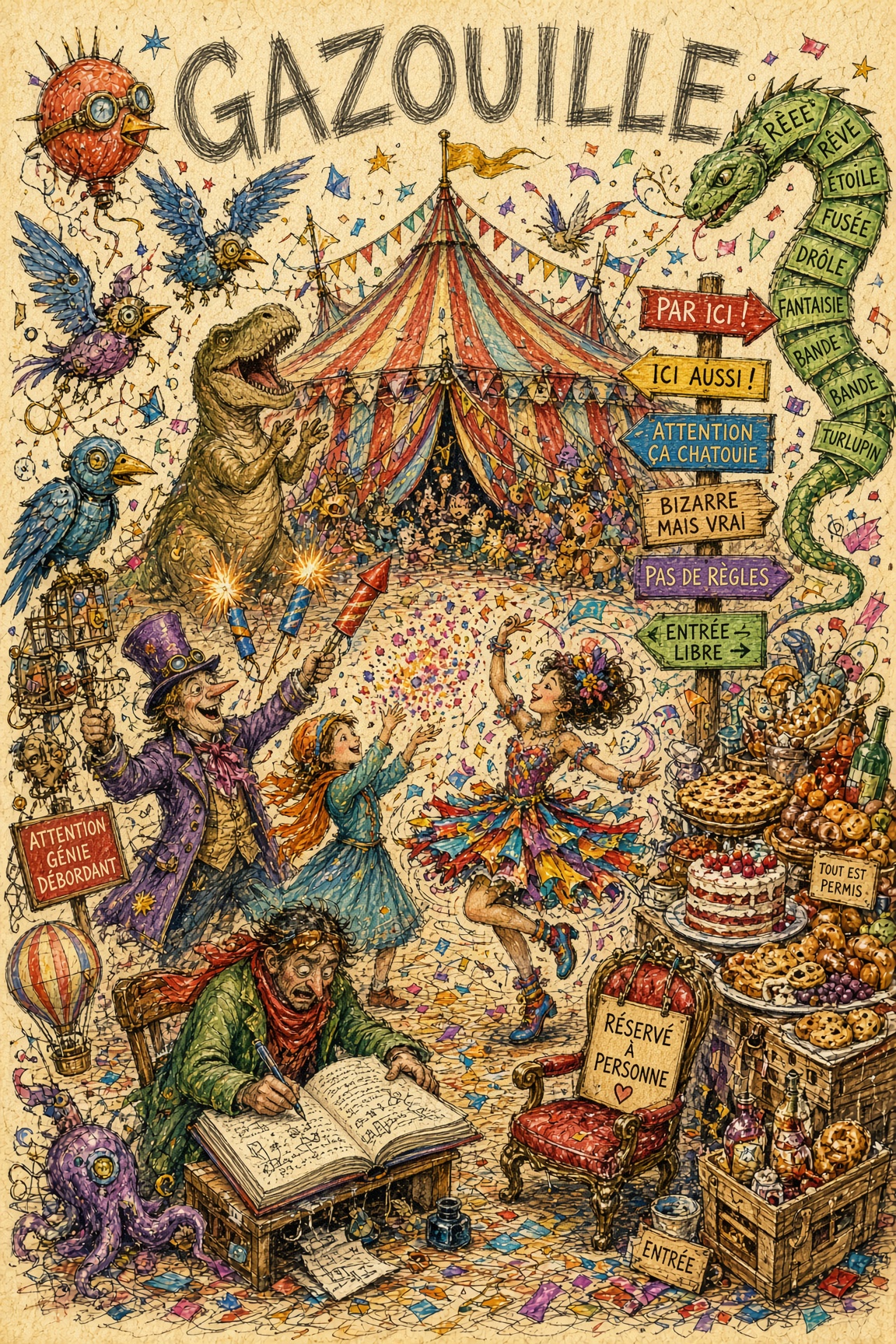 Gazouille. A crowded circus entrance, signs, birds, and a snake of words.