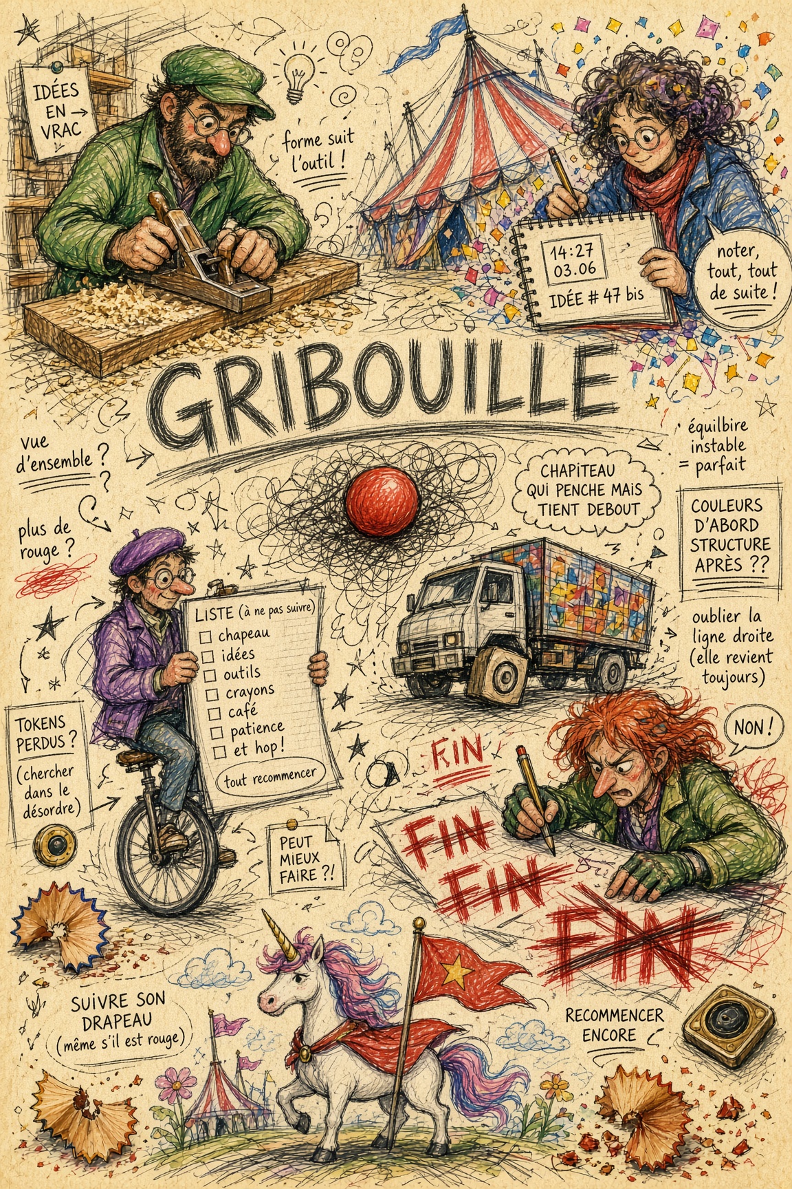 Gribouille. A workshop of sketches, crossed-out endings, and a leaning tent.